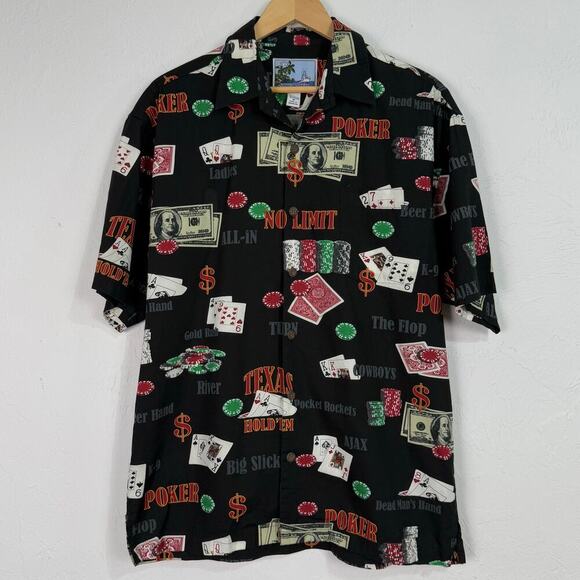 AFTCO Bluewater S/S Button Shirt Men Medium Black Money Poker Dollar AOP Novelty - Picture 1 of 8